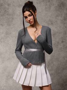 灰色花卉雪纺针织系带可调节深V领修身开衫，Y2K风格，性感气息，办公室风格 - 深灰色 - 查看 5