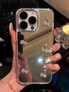 1個精緻亮面鏡面手機殼，新款熱銷Apple 17 PROMAX手機殼，飾有閃亮水鑽櫻桃，精緻優雅，完美打造甜美時尚的日常造型，充滿夏日氛圍，送給朋友的理想禮物，防震、防滑、防刮，相容於Apple 17 PROMAX/PRO/AIR/16/15/14/13/12/11/ S20-25Ultra/FE/手機 - 銀色 - 查看 5