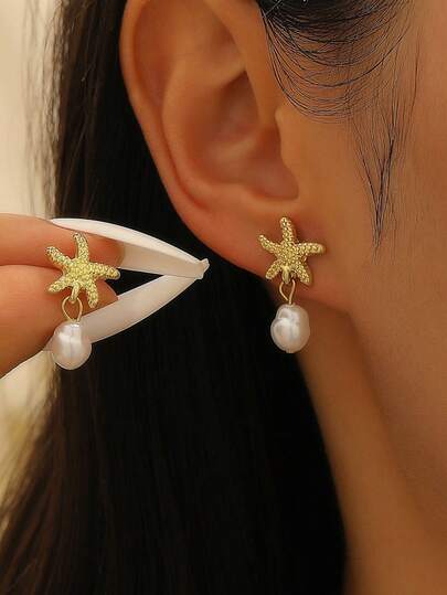 1 Pair Beach Vacation Ocean Style Starfish & Faux Pearl Pendant Earrings For Women