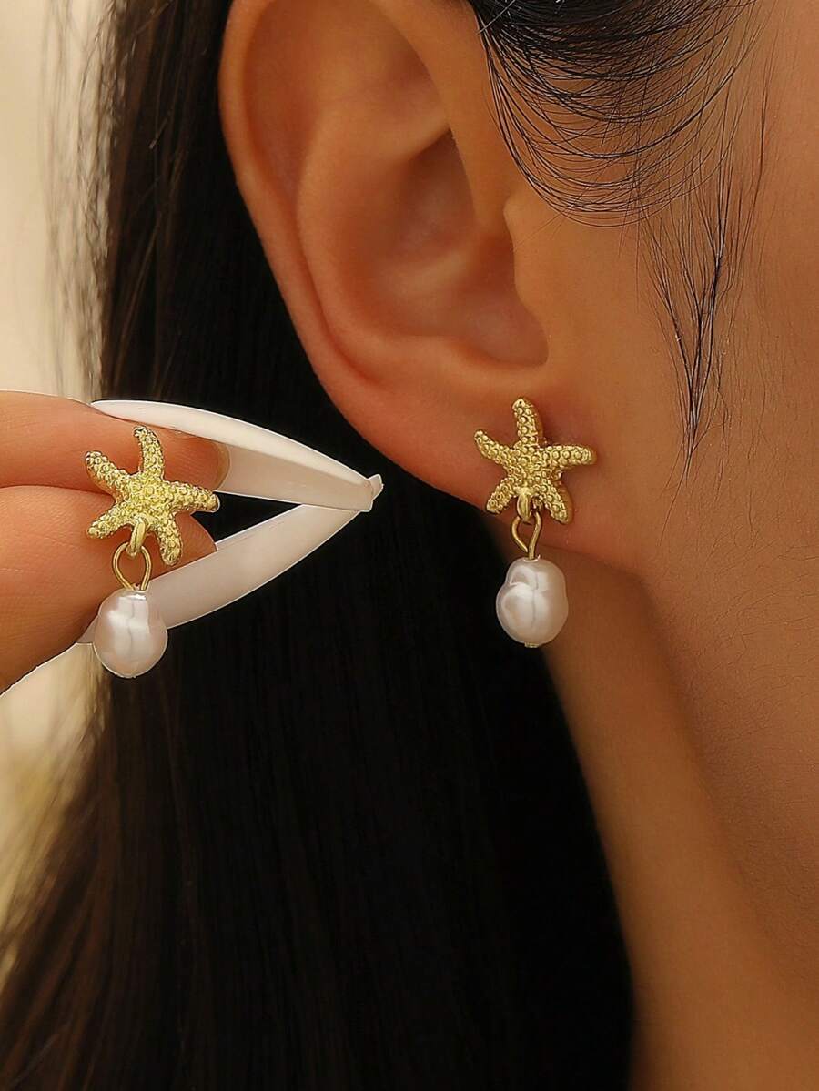 1 Pair Beach Vacation Ocean Style Starfish & Faux Pearl Pendant Earrings For Women - Gold - View 1