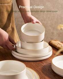 Azal Stoneware Dinnerware Sets, 16 Piece Dish Set With Pasta Bowl - White - View 6