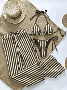 三件套女士钩针比基尼套装，含裤子和沙滩罩衫，欧式泳装，适合女性夏季度假、复活节、节日、郊游、约会之夜等场合，秋季女装。 - 咖啡棕 - 查看 2