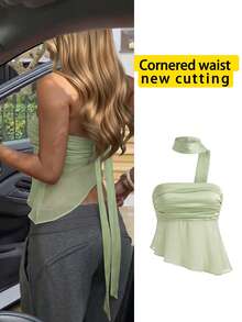 女士新款缎面抹胸上衣配围巾，短款夏季衬衫 - 薄荷綠 - 查看 2