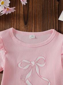 Girls' Pink Stretchy Short Sleeve Denim Jeans, Soft Washed Straight Leg Wide Leg Pants With Bow, Versatile Loose Fit Spring Autumn Outfit Set - Pink - View 3