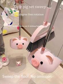 New Cute Pig Broom And Dustpan Set, 2024 New Extended Cleaning Tool 180° Rotation Cleaning Without Dead Angle, Stainless Steel Material + Silicone Strip Design Lightweight And Flexible, 4-Layer Extended Soft PET Bristles Durable - Pig Set - View 6