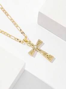 1pc Classic European Style Copper Inlaid Zirconia 8-Shaped Jesus Cross Pendant Necklace, Limited Edition "Light Of Protection", Suitable For Christmas, Thanksgiving, Halloween, Mother's Day, Valentine's Day, Friends, Church Members, First Holy Communion, Gift, Daily & Holiday Wear, Prayer - Yellow Gold - View 2