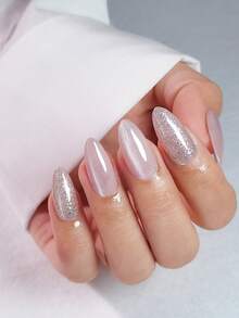30 件长杏仁按压指甲，柔和裸色玻璃珍珠猫眼和闪亮银粉，超简约，适合女孩/女士派对、礼物、日常佩戴，含 1 件双面胶和 1 件指甲锉指甲用品 - 淡紫色 - 查看 2