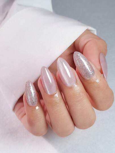 30 件长杏仁按压指甲，柔和裸色玻璃珍珠猫眼和闪亮银粉，超简约，适合女孩/女士派对、礼物、日常佩戴，含 1 件双面胶和 1 件指甲锉指甲用品