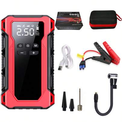 空气压缩机应急启动器，EVA包装，移动电源 - 快速手机充电，汽车电池充电器，应急LED灯，快速充气，胎压检测，便携式12V汽车电池应急启动器