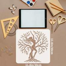 11.8x11.8 Inch Reusable Tree Of Life Silhouette & Female Silhouette Pattern Stencil, Suitable For Wall, Floor, T-Shirt, Fabric DIY Decoration - White - View 11