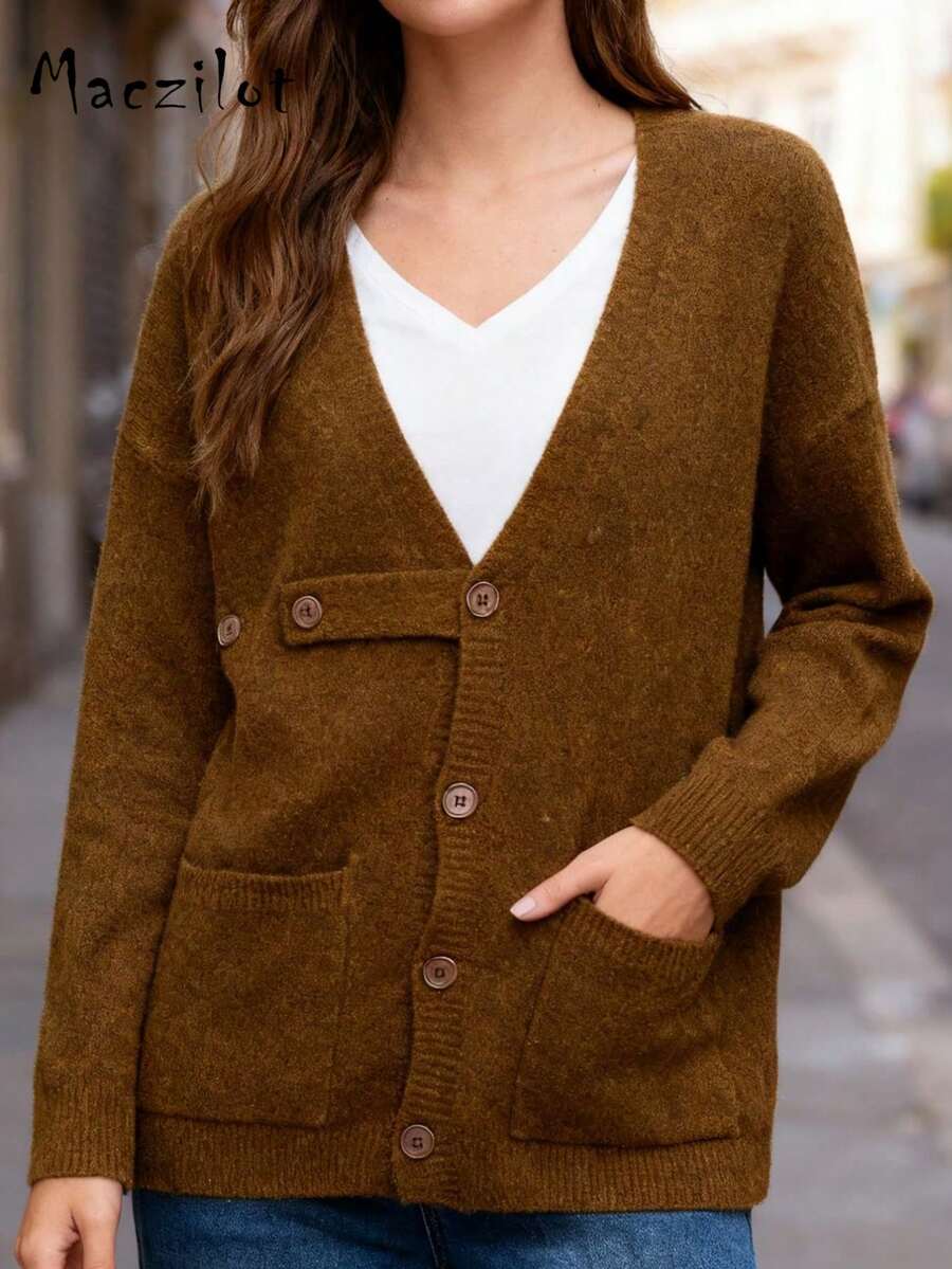 大码女式宽松纯色落肩长袖针织开衫，时尚百搭