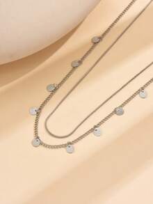 Bộ 2 mặt dây chuyền hình đĩa bạc tối giản kèm dây xích hình rắn, thích hợp để đeo hàng ngày, đi biển, đi nghỉ mát, làm quà tặng cho ngày Valentine, sinh nhật, kỳ nghỉ. - Bạc - Xem 4