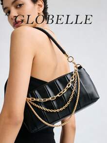 Women's Pleated Shoulder Bag, Fashionable Black Faux Leather Handbag With Multi-Layer Gold Chain Decor And Woven Strap, Suitable For Office, School, Business, Commuting, Outdoor, Travel, Work, Shopping, Gift For Friends, Casual Travel And Vacation, Matching Simple Outfits For Outdoor Leisure And Shopping - Black - View 6
