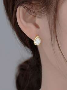 925银镀金锆石双圈耳环，梨形密镶微镶法式迷你礼盒 - 金色 - 查看 4