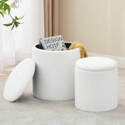 Round Set Of 2 Ottoman With Storage, Boucle Storage Ottoman Foot Stool, Soft Teddy Upholstered Small Vanity Stool, Ottomans Coffee Table Padded Seat Foot Rest For Living Room Bedroom, White