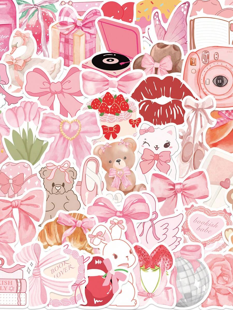 50张卡通可爱粉色物体贴纸，适用于笔记本电脑、剪贴簿、行李箱、滑板、头盔等DIY卡通涂鸦贴纸 - 1 Set - 查看 1