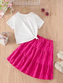 Girls' Fashion Round Neck Short Sleeve Printed Top And Elastic Waist Layered Ruffle Hem Long Skirt 2 Pieces Set, Spring/Summer - Hot Pink - View 2