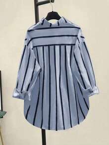 Striped Fashionable Drop Shoulder Loose Patchwork Pocket Shirt Spring - Dark Wash - View 2