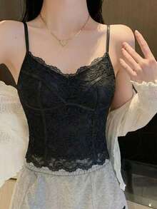 Black Lace Fishbone Camisole For Women With Padded Bust, Slim Fit Sexy Backless Undershirt, Spring - Black - View 4