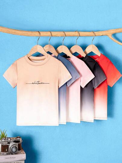 5pcs/Set Kids' Gradient Color Digital Print Short Sleeve T-Shirt, Suitable For Daily Jogging, Warm-Up Training Activities