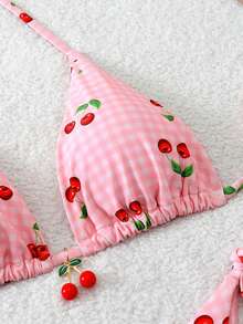 女士樱桃印花可爱露背系带比基尼套装，度假 - 粉色 - 查看 3