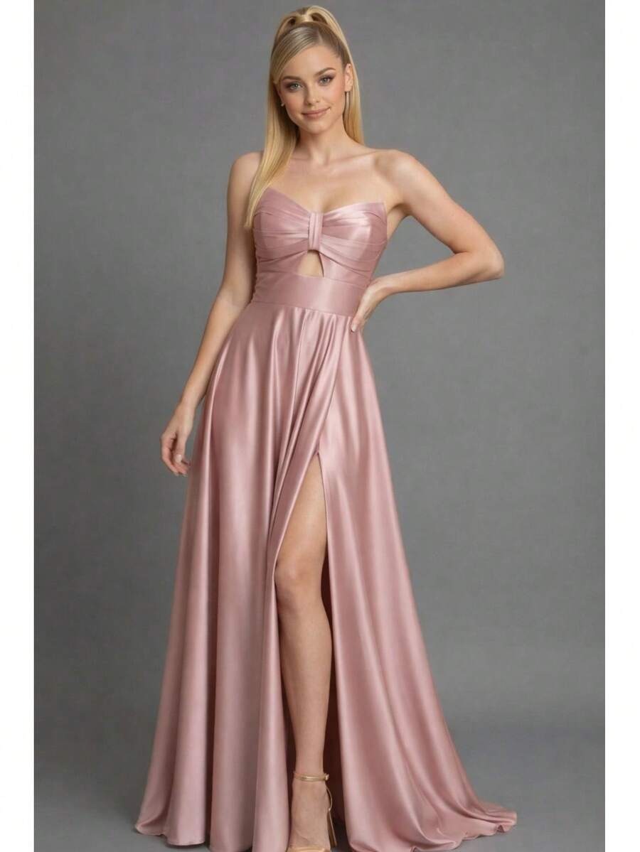 Bridesmaid Dress Guests Olive Green Fuchsia Black Lilac Terracotta Emerald Royal Red Simple Bow On The Bust - 乾枯玫瑰色 - 查看 1