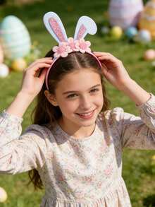 1个女童复活节兔子耳朵发箍，闪亮兔子耳朵发箍，带花朵装饰，可爱的复活节派对服装配饰 - 彩色 - 查看 7