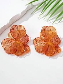 1 Pair Vintage Elegant Metallic Gold Textured Floral Pendant Earrings, Suitable For Women's Daily, Party, Holiday, Gift - 橘色 - 查看 2