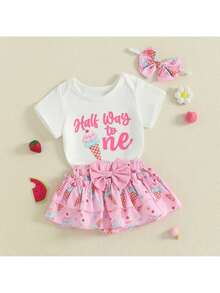 Half Way To One Newborn Baby Girls Birthday Outfits Letter Print Romper Bodysuit Top + Strawberry/Ice Cream/Orange/Watermelon Print Shorts + Bow Headband 3Pcs Clothes Set - 珊瑚粉 - 查看 2