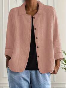 Women's Spring/Autumn New Linen Blend Long Sleeve Button Lightweight Jacket, Casual Shirt Outerwear - Pink - View 1