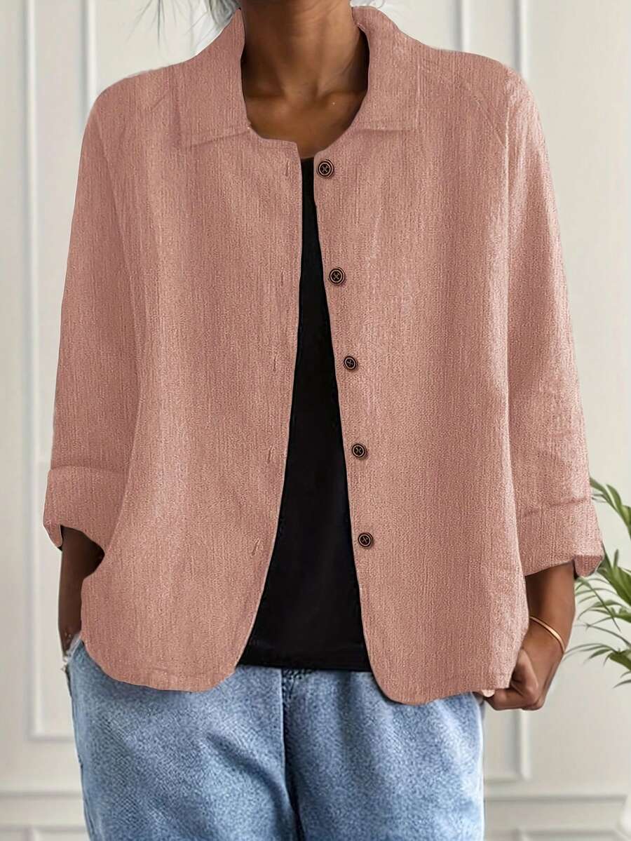 Women's Spring/Autumn New Linen Blend Long Sleeve Button Lightweight Jacket, Casual Shirt Outerwear - Pink - View 1