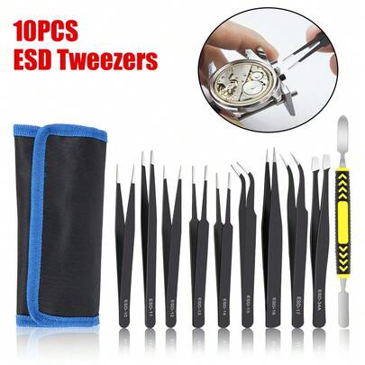 Precision Anti-Static Stainless Steel Industrial Repair Tools ESD Tweezers Curved Straight Tweezers 10Pcs/Set