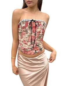Womens Strapless Tops Floral Print Lace Trim Off Shoulder Slim Tank Tops For Summer - 紅色 - 查看 1