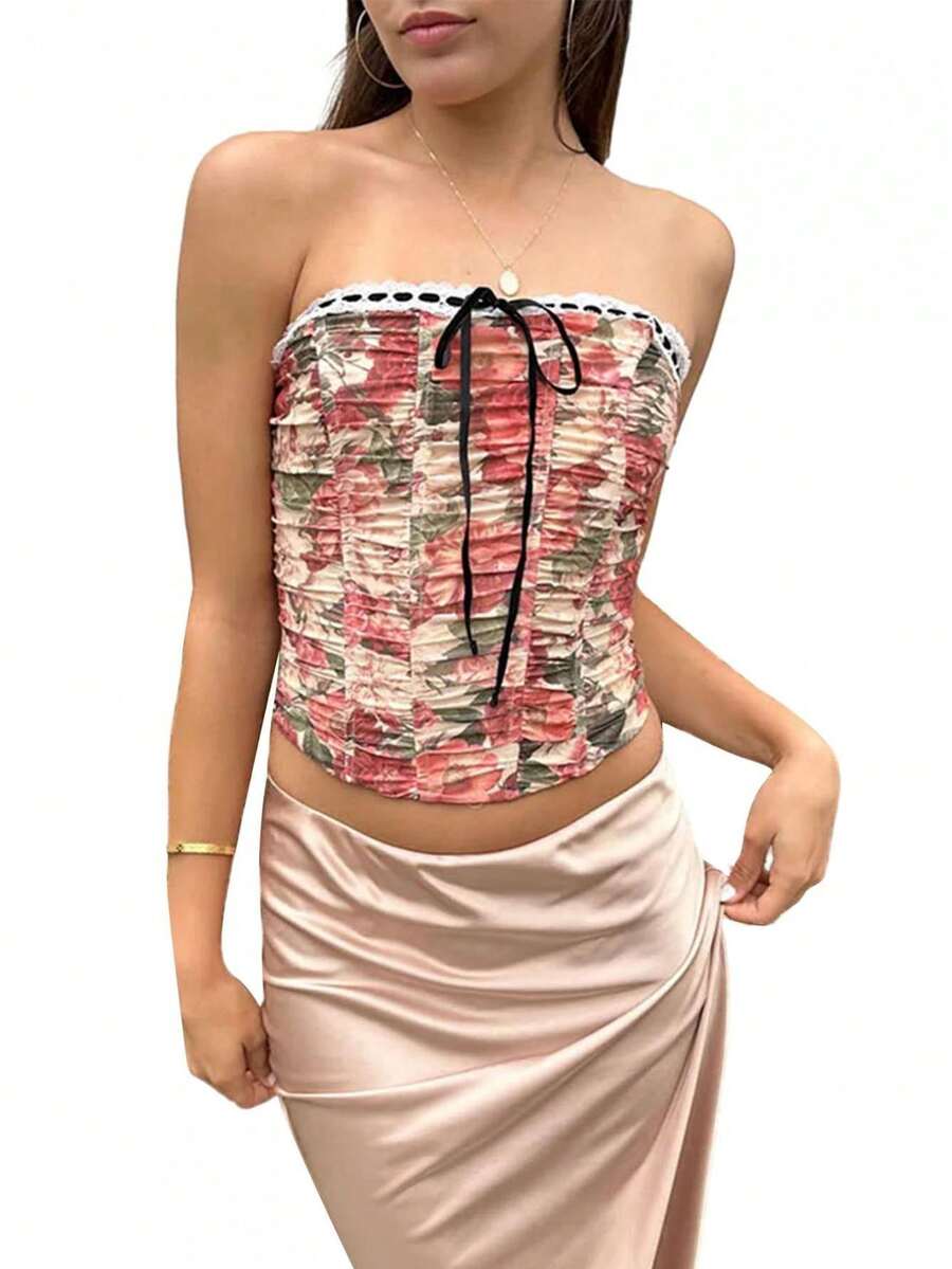Womens Strapless Tops Floral Print Lace Trim Off Shoulder Slim Tank Tops For Summer - 紅色 - 查看 1