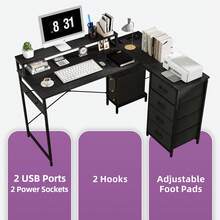 Desk, Corner Desk With 4-Tier DIY Storage Shelf, Multifunctional Table With 2 USB Ports & Power Outlets For Home Office, Study, Living Room, 130x100x75cm, Vintage Brown - màu đen - Xem 5