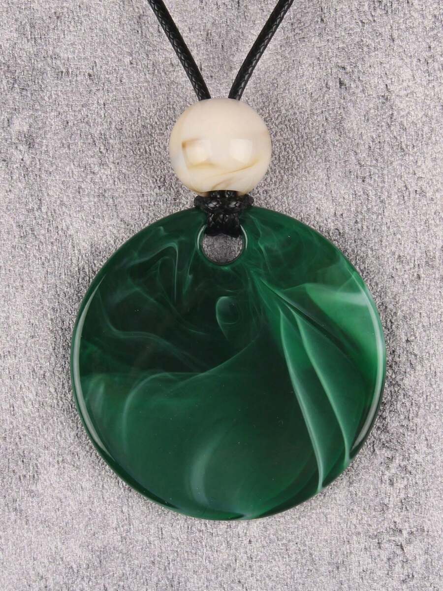 1件波西米亚风长项链，时尚百搭深绿色树脂圆盘串珠吊坠项链，情侣礼物，音乐节送给男友/女友的礼物 - 黑色臘繩 - 查看 1