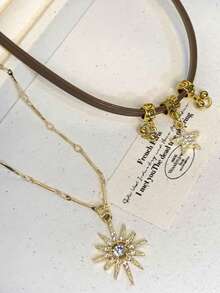 女士分层向日葵棕色皮革颈链，独特设计，可佩戴于锁骨处 - 太陽花疊戴項鍊 - 查看 2