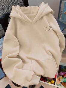 Women's Hoodie, Creative Minimalist Cute Cat Print On The Chest, Stylish And Comfortable Autumn/Winter Fashion, Versatile Casual Hoodie, Women's Clothing - 杏色 - 查看 1