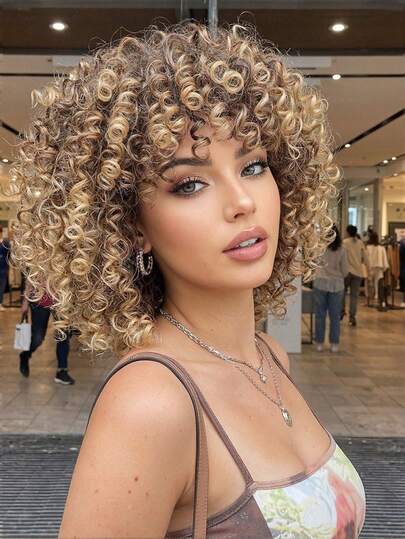 35cm Shoulder Length Curly Wig With Bangs, Synthetic Fiber Fluffy Wavy Wig, Brown Blonde Mixed Color, Suitable For Daily Wear, Women