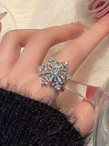 1 pieza Anillo de mujer con cúbico de zirconia giratorio con diseño de copo de nieve, anillo abierto delicado adecuado para uso diario - Anillo abierto - Ver 2