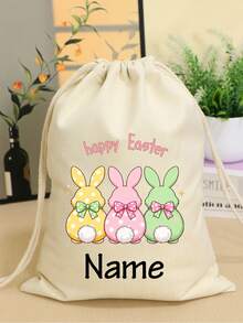 Personalisierter Kordelzugbeutel mit Namen, personalisierter bedruckter Stoffbeutel - mit Hasen-Muster, Geschenk zum Frühlingsfest, modische personalisierte Party-Geschenke und Heimorganisation, Ostergeschenk, wiederverwendbarer personalisierter Geschenkbeutel für Freunde und Familie - Stil A - Übersicht 5