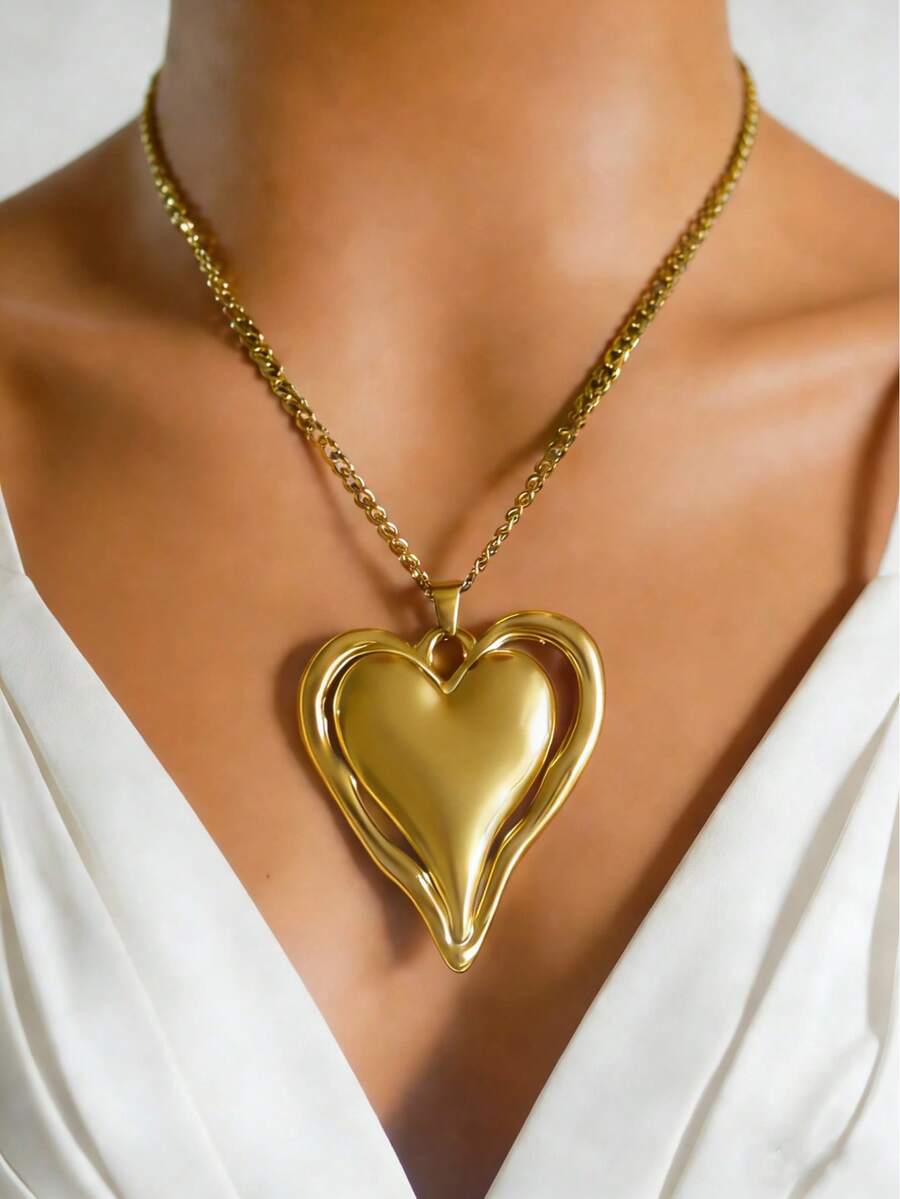 MECYLIFE 1件不锈钢镂空心形吊坠项链，朋克风链项链，情人节、母亲节个性化珠宝礼物 - 光面大愛心 - 查看 1