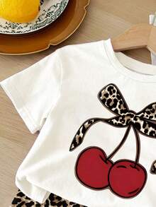 Baby Girl Cherry Print Short Sleeve T-Shirt And Leopard Print Shorts Set - White - View 3