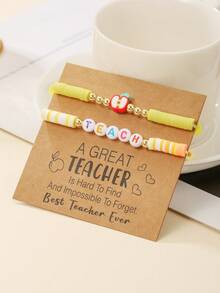 2pcs/Set Back To School "TEACH" Letter Beaded & Apple Shaped Polymer Clay Elastic Bracelet Set, Suitable For Gift Giving And Daily Wear - Multicolor - View 3