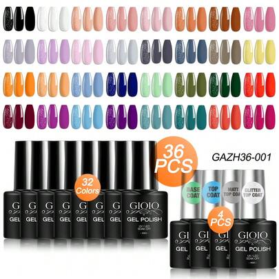 GIOIO 36色UV凝胶指甲油套装，含底油、哑光面油和亮面面油，颜色包括白色、红色、粉色、蓝色、绿色和紫色，适合任何季节的DIY美甲设计。