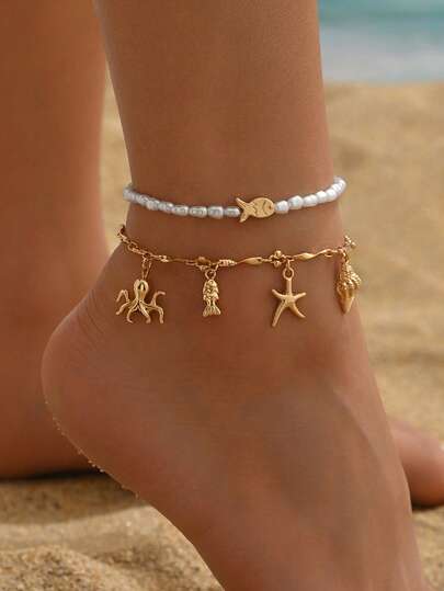 2pcs/Set Summer Ocean Style Faux Pearl Beaded Metal Starfish, Octopus, Seashell, Small Fish Pendant Anklet, Fashion Gold Tone Jewelry Accessories For Women, Suitable For Daily Outfit, Beach, Date