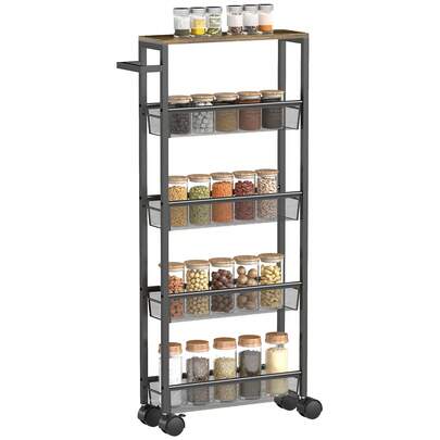 5-Tier Slim Storage Trolley On Wheels - Kitchen Cart With Wood-Effect Top & Handle, Black For Living Room & Bathroom