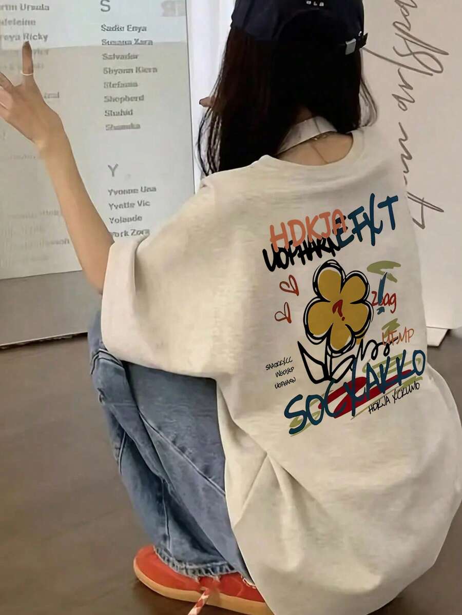 日系女式宽松休闲圆领卡通印花短袖T恤，春夏款 - 淺花灰 - 查看 1