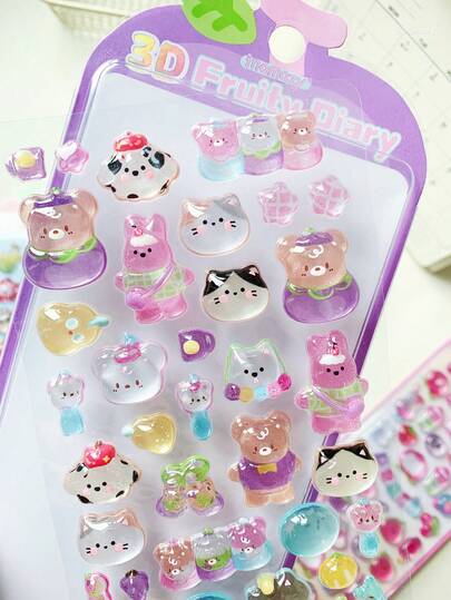 1pc 2026 New Cute Animal Cartoon 3D Epoxy Resin Sticker Set, Themes Include Rabbit, Bear, Cat, Candy, Fruit, Dessert, Adorable Animals, Reusable Waterproof Stickers For Planner, Stationery Decor, Phone Case Accessories