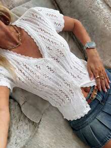 Women's New White French V-Neck Hollow Button Down Short Sleeve Cardigan, Fashionable Casual Minimalist High-End Versatile Basic Daily Fresh Sweater, Spring And Summer - White - View 1